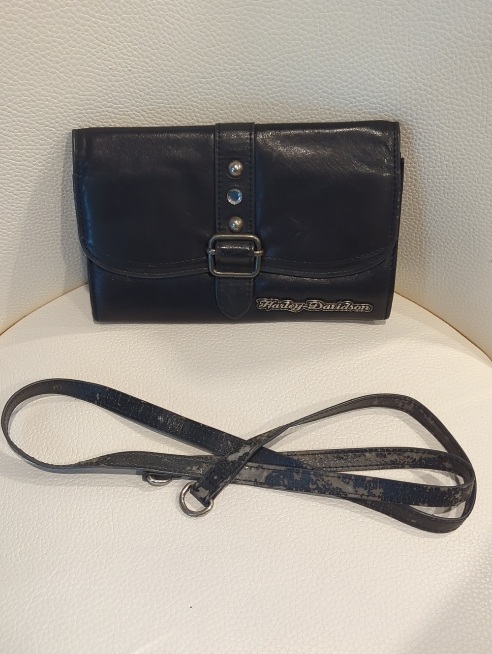 Harley-Davidson Black Leather Crossbody Clutch with Stud and Buckle Detail
